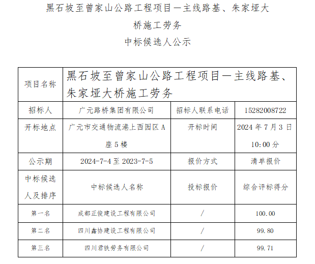 黑石坡至曾家山公路工程項目－主線路基、朱家埡大橋施工勞務 中標候選人公示